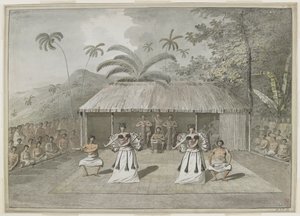 [Dessin complet] Une danse ou heiva à Otaheite [Tahiti]. Deux hommes et deux femmes dansant, avec des batteurs derrière, et des spectateurs de chaque côté. Septembre 1777 - John Webber