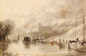 Scène de rivière avec barges et château en ruine