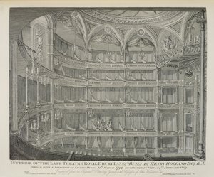 Intérieur du feu Théâtre Royal, Drury Lane, à Londres, construit par Henry Holland, 1794, détruit par le feu en 1809, gravé par Dale, 1820