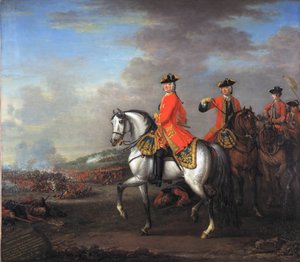 Le roi George II (1683-1760) à la bataille de Dettingen, avec le duc de Cumberland et Robert, 4e comte de Holderness, 27 juin 1743