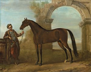 Le Godolphin Arabien, tenu par un palefrenier, dans un paysage avec une arche en ruine, 1731 - John Wootton