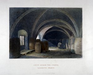 Crypte remplie de barils sous la chapelle du palais de Lambeth, Londres