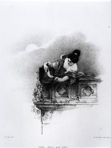 Fanny Kemble (1809-93) en Juliette, Douce Bonne Nuit, gravé par Richard James Lane (1800-72) - John after Hayter