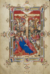 La Crucifixion, introduisant le Canon de la Messe. Christ sur la croix, flanqué de voleurs, Vierge évanouie soutenue par des femmes et Saint Jean, Madeleine au pied de la croix. Foule de spectateurs montés en habits contemporains, y compris Longinus, avec  - John and Siferwas John (fl. 1380–1421 Whas