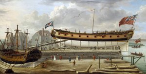 Un navire de sixième rang, un navire de guerre de la Royal Navy britannique, en cale sèche, probablement dans le chantier naval de Rotherhite, sur la rive sud de la Tamise