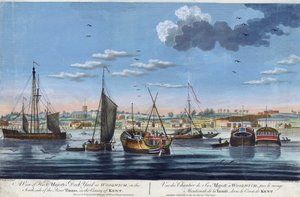 Vue des docks royaux à Woolwich, sur la rive gauche de la Tamise (Angleterre), dans le comté de Kent. Gravure en couleurs de John Clevely le Jeune (1747-1786) - John the Younger Cleveley