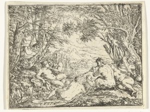 Satyres et nymphes dans une forêt