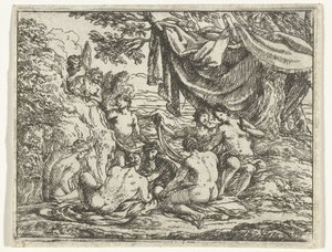 Satyres et nymphes sous un arbre
