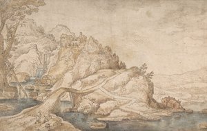 Paysage Vallonné avec Rivière, Pont et Maisons avec Deux Personnages à Gauche - Joos de Momper the Younger.