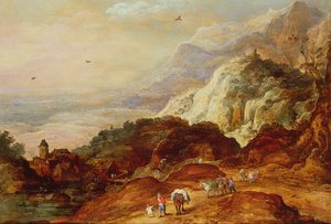 Paysage montagneux avec personnages et mules