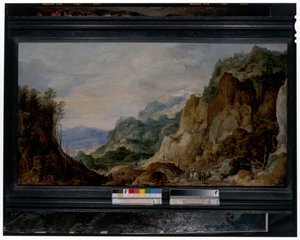 Paysage montagneux panoramique avec des compagnons donnant aux pauvres, chevaux de bât au-delà