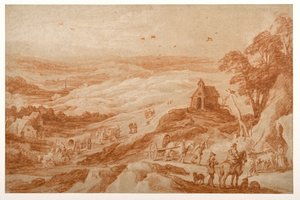 Paysage avec figures, bétail et chariots