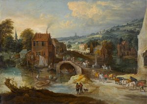 Paysage de village avec un pont, vers 1620