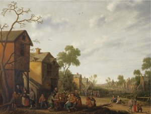 Scène de village avec des paysans mangeant et buvant à l