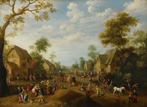 Une kermesse de village avec de nombreux paysans en fête