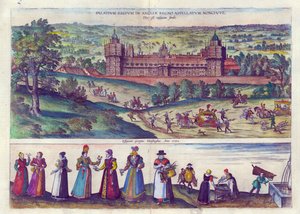 Arrivée de la reine Elizabeth I au palais de Nonesuch et hommes et femmes de la société Tudor, 1598 - Joris Hoefnagel