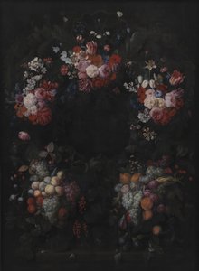 Cartouche en pierre avec guirlande de fruits et de fleurs