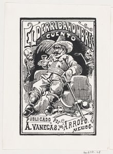 Un homme avec des armes et une pipe dans la bouche flanqué de deux squelettes, illustration..., vers 1880-1910