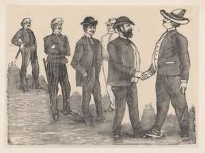 Deux hommes se serrant la main au premier plan et des officiers les regardant en arrière-plan, vers 1880-1910 - José Guadalupe Posada