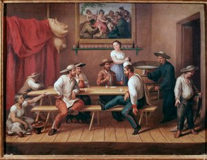 Une pulqueria. Taverne en Amérique du Sud, des clients attablés boivent du pulque (boisson alcoolisée traditionnelle mésoaméricaine)