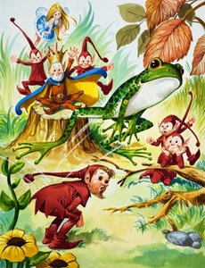 Grenouille avec lutins (gouache sur papier)