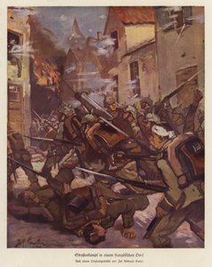 Bataille de rue dans un village français, Première Guerre mondiale (lithographie en couleur)