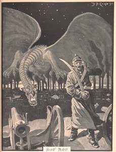 Dessin pour le poème "Comme la nuit". Un dragon produit par la fumée des usines, derrière un soldat allemand. Une scène surréaliste - Josef Benedikt engl