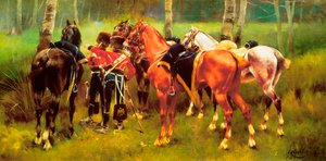 Groupe de hussards et de chevaux dans la forêt
