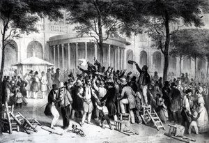 Lecture des décisions publiées dans le journal Moniteur dans les jardins du Palais Royal à Paris, le 26 juillet