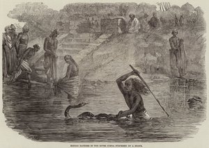 Baigneurs hindous dans la rivière Jumna surpris par un serpent