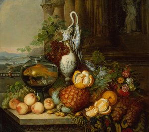 Nature morte avec fruits, bocal à poissons et paysage - Joseph Biays Ord