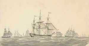 Vue de cuirassé de côté entouré de plusieurs autres en mer agitée - Joseph Cartwright