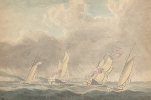 Deux sloops de guerre, une barque et une goélette (?), poupes en avant, en mer agitée; plusieurs voiliers en arrière-plan - Joseph Cartwright