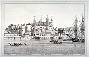 Vue sud de la Tour de Londres avec des bateaux sur la Tamise, 1795