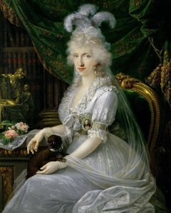 French : Marie Luise (Ludovica) de Naples-Sicile (1773-1802), épouse de Ferdinand III de Toscane, assise à une table, genou à terre Luisa Maria Amelia Teresa of Naples and Sicily, Princess of Naples and Sicily (1773-1802), Grand Duchess Consort of - Joseph Dorffmeister