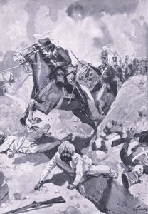 Sobraon : Sir Joseph Thackwell menant les 3e dragons légers en file indienne à travers des ouvrages de terre sikhs, illustration de British Battles on Land and Sea, 1915