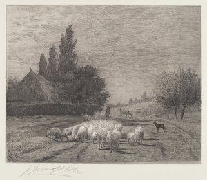 Rue de village en France avec un troupeau de moutons