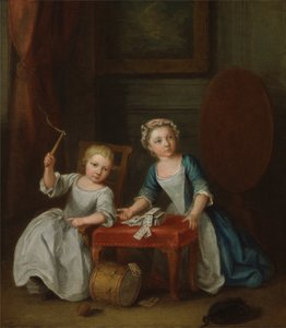 Deux enfants de la famille Nollekens, probablement Jacobus et Maria Sophia, jouant avec une toupie et des cartes, 1745