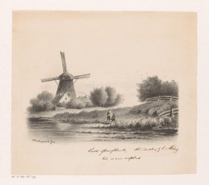 Paysage avec moulin et deux pêcheurs