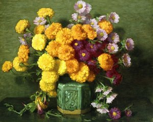 Soucis et asters dans un vase chinois