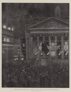 Les illuminations du couronnement à la Bourse Royale, avec la Banque d