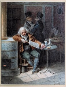Lecture de la Gazette : vieil homme endormi dans un café lisant le journal « La Gazette » en 1824. Lithographie de Joseph Louis Hippolyte Bellangé (1800-1866) 1824 Paris, Musée Carnavalet - Joseph Louis Hippolyte Bellange