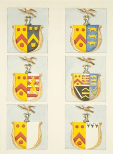 Six blasons dans les vitraux des bas-côtés nord et sud (extrémité est) de la cathédrale de Bristol