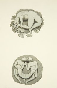 Deux pierres de voûte au plafond en entrant par la porte nord de la Cathédrale de Bristol