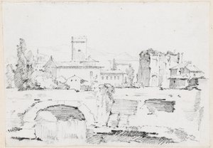 Une ville italienne avec un pont de pierre et une cascade - Joseph Marie Vien