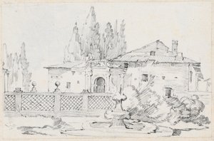 Maison et arbres à travers un mur de jardin - Joseph Marie Vien