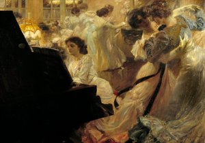 Belle époque : « Bal blanc » Soirée de jeunes femmes en robes blanches dansant et jouant du piano - Joseph Marius Avy