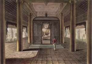 Un soldat debout dans un temple de Rangoon, gravé par George Hunt, 1825