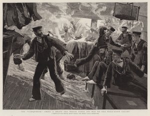 Le Conquérant affronte une mer agitée qui atteint la cuisine de la salle des officiers - Joseph Nash