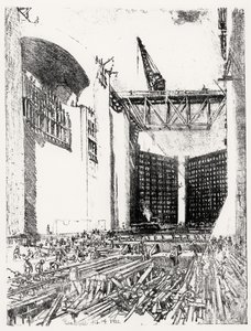 Pose du Sol : Écluse de Pedro Miguel, planche XVIII de Le Canal de Panama par Joseph Pennell, 14 février 1912